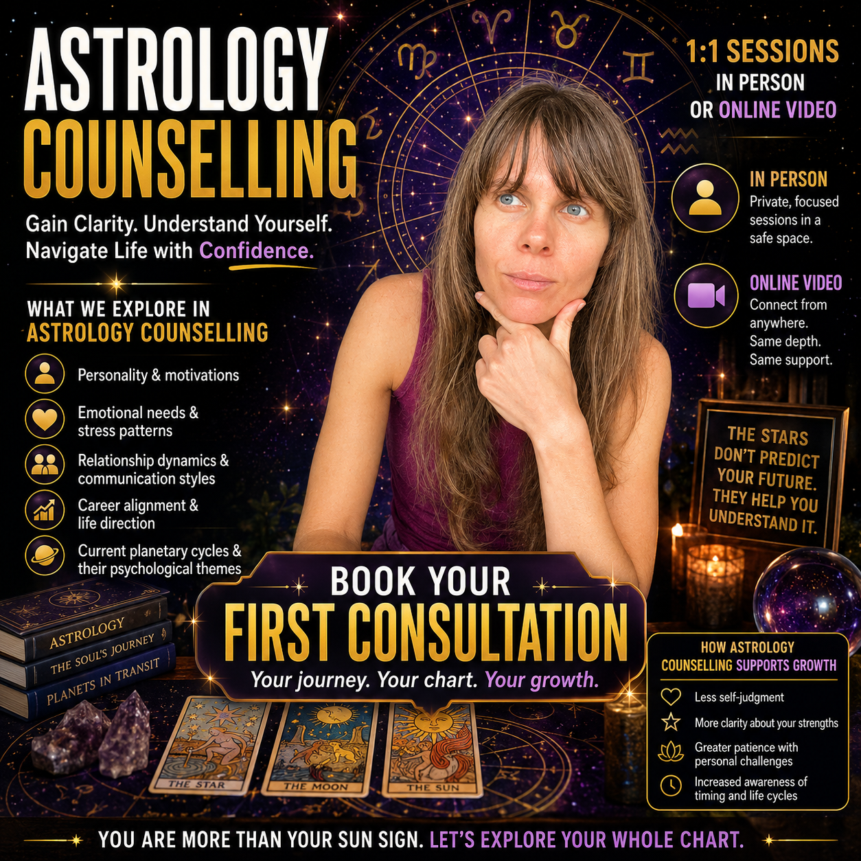 Astrology counselling sessions with Rozalia, birth chart guidance and zodiac symbols