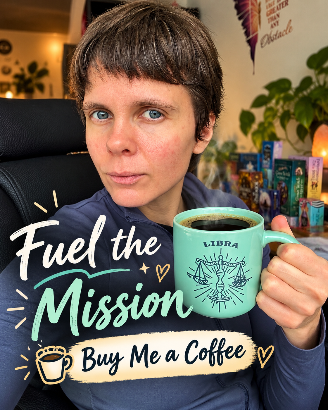 Rozalia Kieliszkiewicz, known as Rozzebud, holding her mint-green Libra coffee mug with the words Fuel the Mission and Buy Me a Coffee