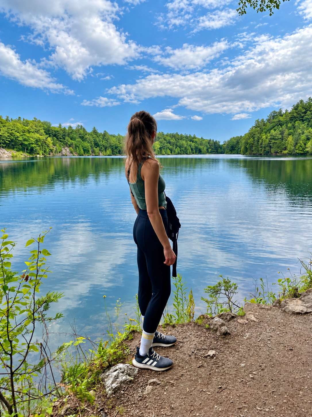 Rozzebud standing beside a peaceful lake surrounded by forest beneath a blue sky