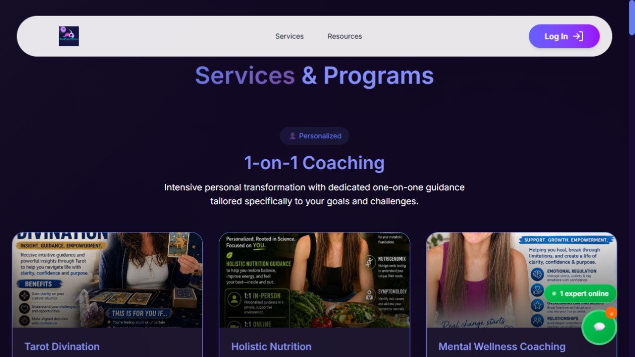 Soul Food Fitness services catalogue displaying one-to-one coaching, group workshops and transformation programs
