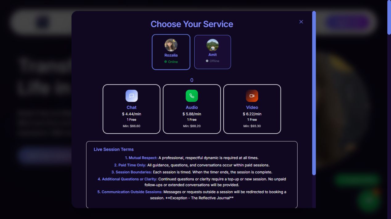 Choose Your Service modal with Rozalia selected and Chat, Audio and Video rates and minimums