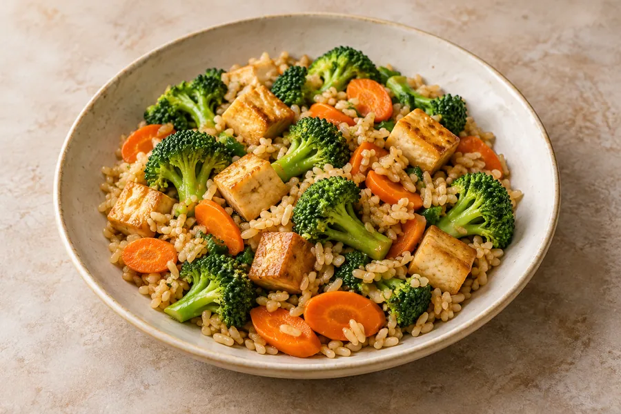 Ginger tofu brown rice stir-fry — illustrative serving suggestion