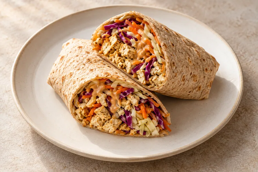 Peanut tofu rainbow wrap — illustrative serving suggestion
